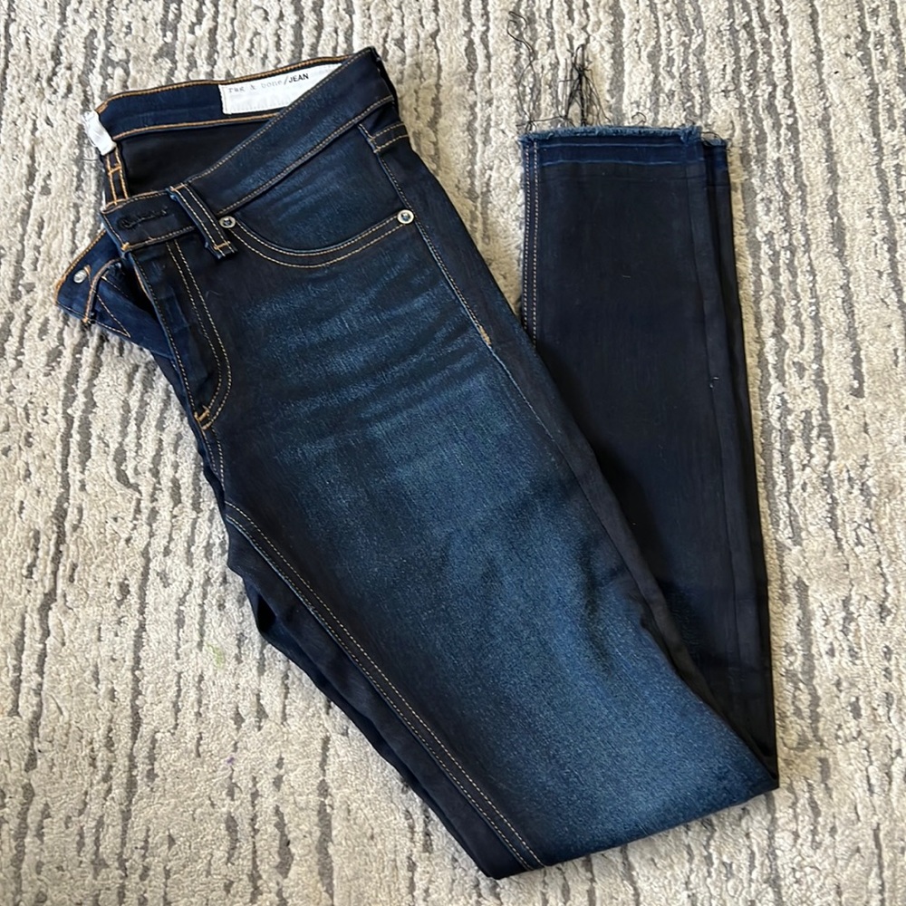 Rag & Bone Blue Jean w Distressed Bottom and Waxy Coating